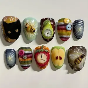 Cute Colorful Cat & Fruit Pattern Fake Nails, Flower Design Nails, 10pcs/set Fashion Press on Nails for Women & Girls Diy Nail Art, Elegant Stick on Nails Kit, Acrylic Press Nails