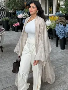 Women's Ramadan Elegant Cute Fashion Gold Embroidered Satin Abaya, Lightweight Open Front Abaya Without Hijab and Belt, All Seasons