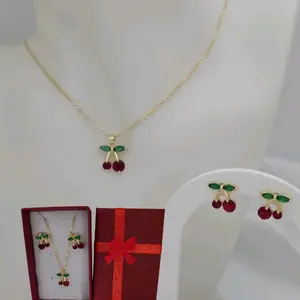 Set Cherry 1033 Gold Plated Necklace & Earrings Set with Red Cherries and Green Leaves in Red Gift Box