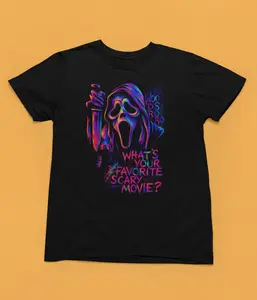 Ghost Face Neon Halloween Tshirt What's Your Favorite Scary Movie Design on Black Tee