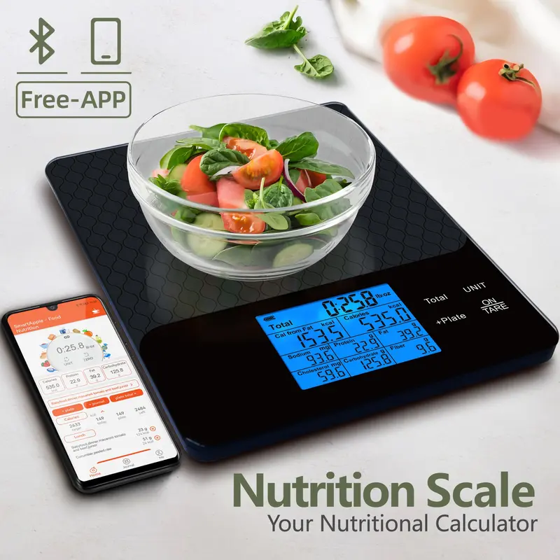 1PCS Smart Food Kitchen Scale, Food Weight Scale, Glass Top Digital Scale with Nutritional Calculator & Free App, 10kg/22lb Capacity, Grams/Ounces Display, Calorie & Macro Tracking, Meal Prep, Fitness Tracking, Ideal Gift for Bakers & Cooks