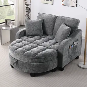 Double Sofa Chaise Longue with Storage Footrest, 51‘’ Loveseat Couch with Irregular Armrests and Backrests, Two-Seater Sofa with Throw Pillows, Living Room, Bedroom, Easy Assembly