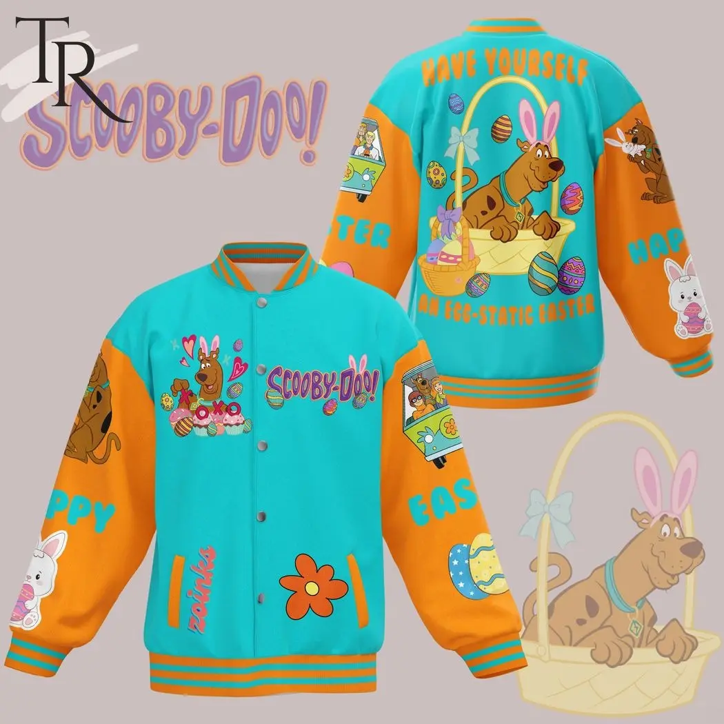 Scooby Doo Easter Bunny Ears In Egg Basket Graphic Varsity Jacket Oversized Casual Loose Fit Sporty Outerwear For Men Women Fall Winter Spring Holiday Party Gameday Street Style Outer