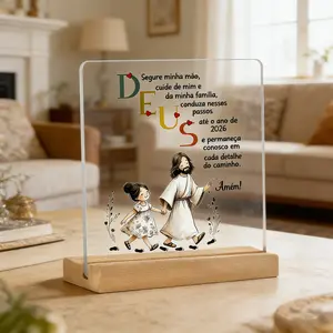 1pc 2026 Jesus and Girl Acrylic Tabletop Sign with Wood Stand, Portuguese Religious Home Decor, Christian Family Prayer Desk Decoration