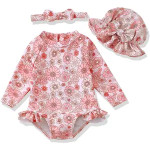 SQ-NG012 Baby Girl Swimsuit Long Sleeve One-Piece Swimwear with Hat Rash Guard Ruffle Floral Zipper Beach Infant Bathing Suit
