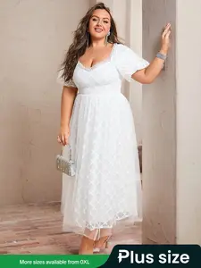【plus Size】 All Over Print Tulle Dress, Elegant Sweetheart Neck Dress for Party Holiday Wedding Guest, Women's Clothes for Spring & Fall, Formal Dresses Women