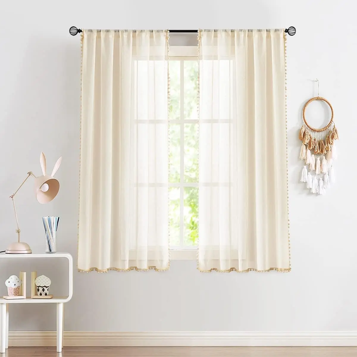 2-Pack Sheer Curtains with Pom Poms – 52"x63" Linen Farmhouse Window Drapes