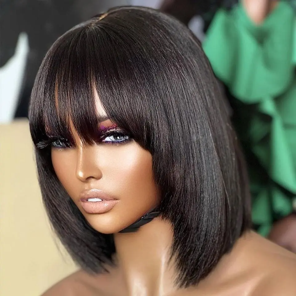 Bob Wig Human Hair with Bangs Glueless Wigs Straight Bob Wigs with Bangs 4X1 Transparent Lace Bob Wigs Natural Balck Color Wigs for Women