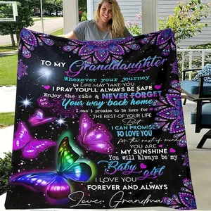 Bohemian Style Personalized Granddaughter Flannel Blanket with Butterfly & Heartwarming Message - Hypoallergenic All-Season Quilted Throw, Knitted Digital Print Bedding, Multipurpose Sofa & Bedroom Luxurious Wrap - 250-300g Polyester