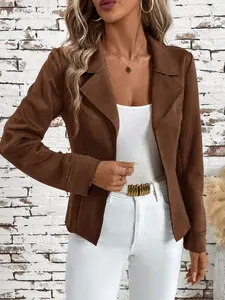 A lady's brown collar woven blazer jacket with a fitted waistline and long sleeves, exuding elegant style and suitable for both casual and formal occasions.