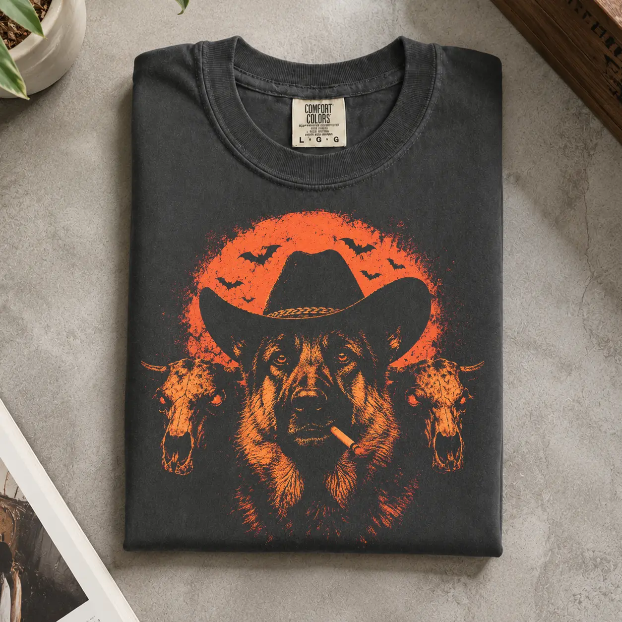 German Shepherd Cowboy Halloween Graphic T Shirt, Western Cowboy Dog Lover Shirt, Halloween Season Vintage Rustic Farm Animal Tee Pumpkin Bat Skull Ranch Style Apparel, Womenswear, Menswear, Comfortable TOP, Gift For Her, Gift For Him, Unisex Graphic