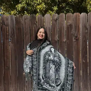 Mexican Embroidered Shawl with Virgin Mary Design, Traditional Blanket Wrap for Women