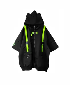 Cyberpunk black and toxic green zip up cat ears hoodie - unisex