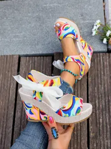 Summer Swirl Wedge Sandals for Women | Bold Psychedelic Platform Heels with a Cute Bow