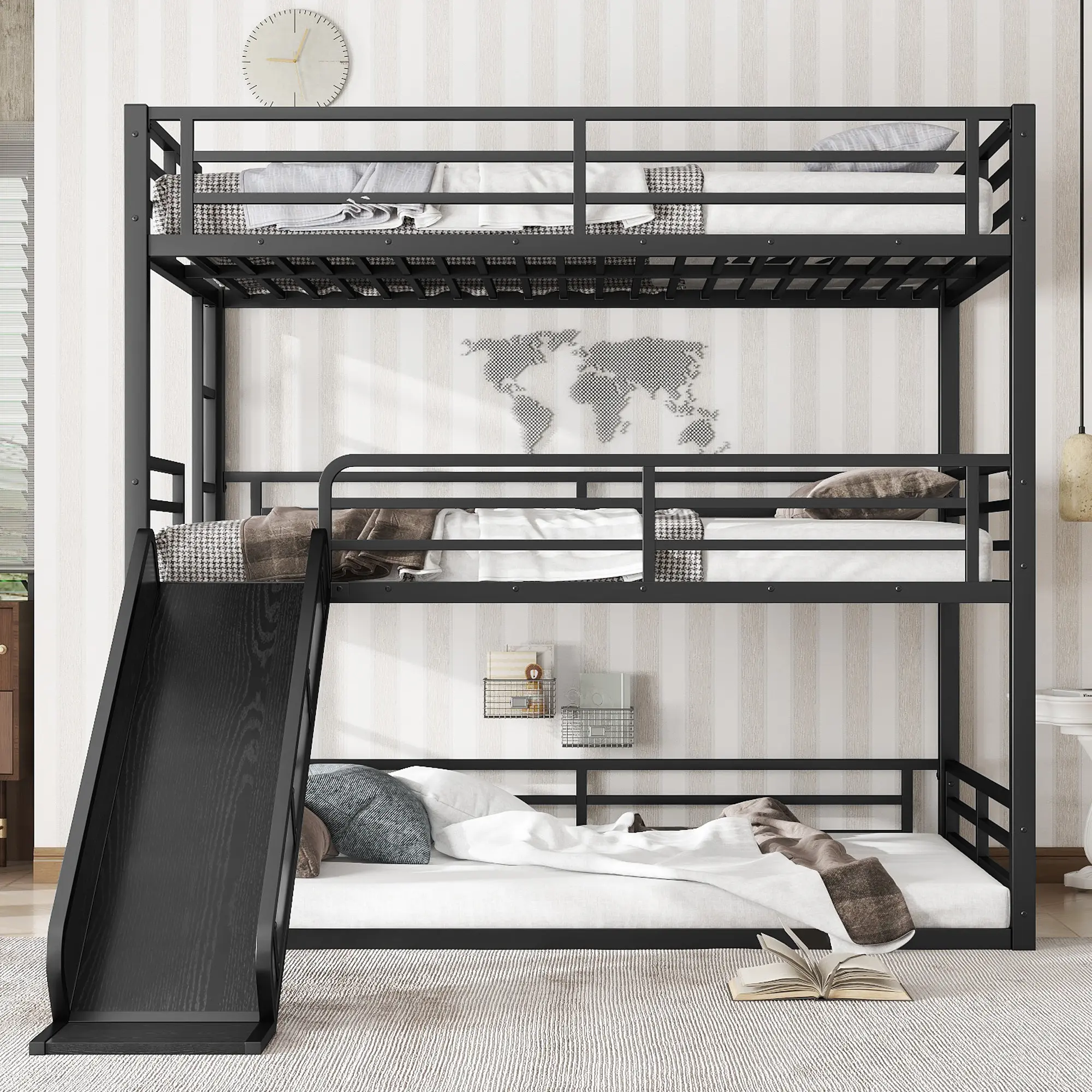 Bellemave Metal Frame Triple Bunk Bed with Slide, Safety Guardrails, Noise-Reducing Construction, Single Size Compatibility, Triple-Space Save Design for Floor Space Freed, Black