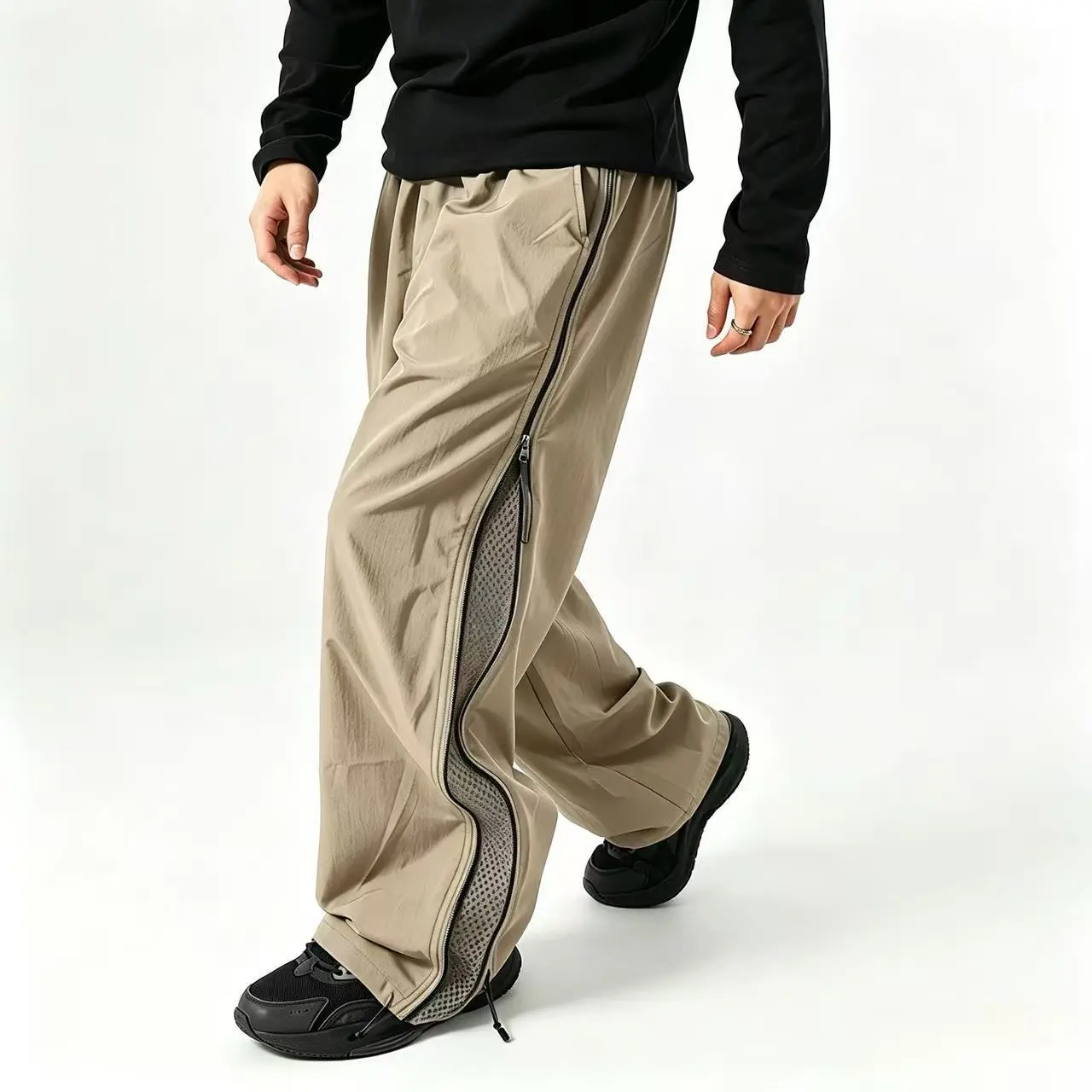 Men's Clothing Wide-Leg Polyester Pants, Mesh-Lined Fashion Apparel with Full Side-Seam Opening, Breathable Quick-Dry Athletic Joggers, Casual Sporty Joggers, Male Clothing, Hiking Pants, Zipper, Fabric, Outdoor