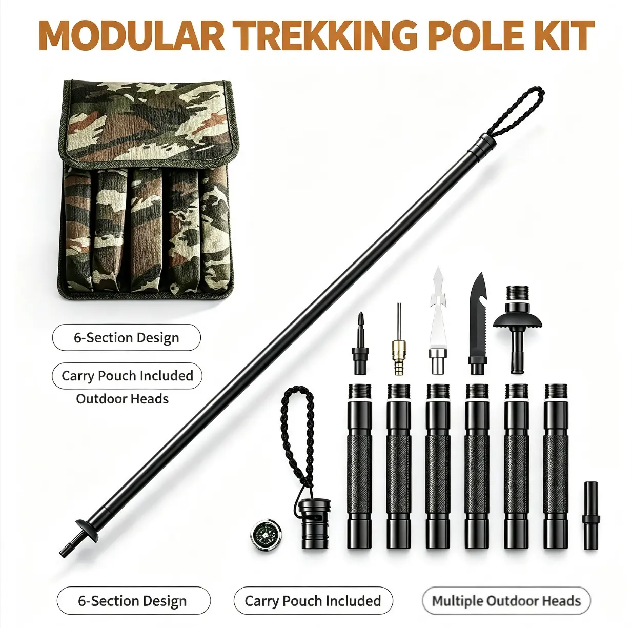 Lightweight Modular Trekking Stick Set, Multi-Piece Detachable Outdoor Camping Gear with Multiple Replacement Heads and Carry Pouch, Portable Hiking Poles for Backpacking, Trail Exploration and Outdoor Adventures Adjustable Foldable Hiking Stick
