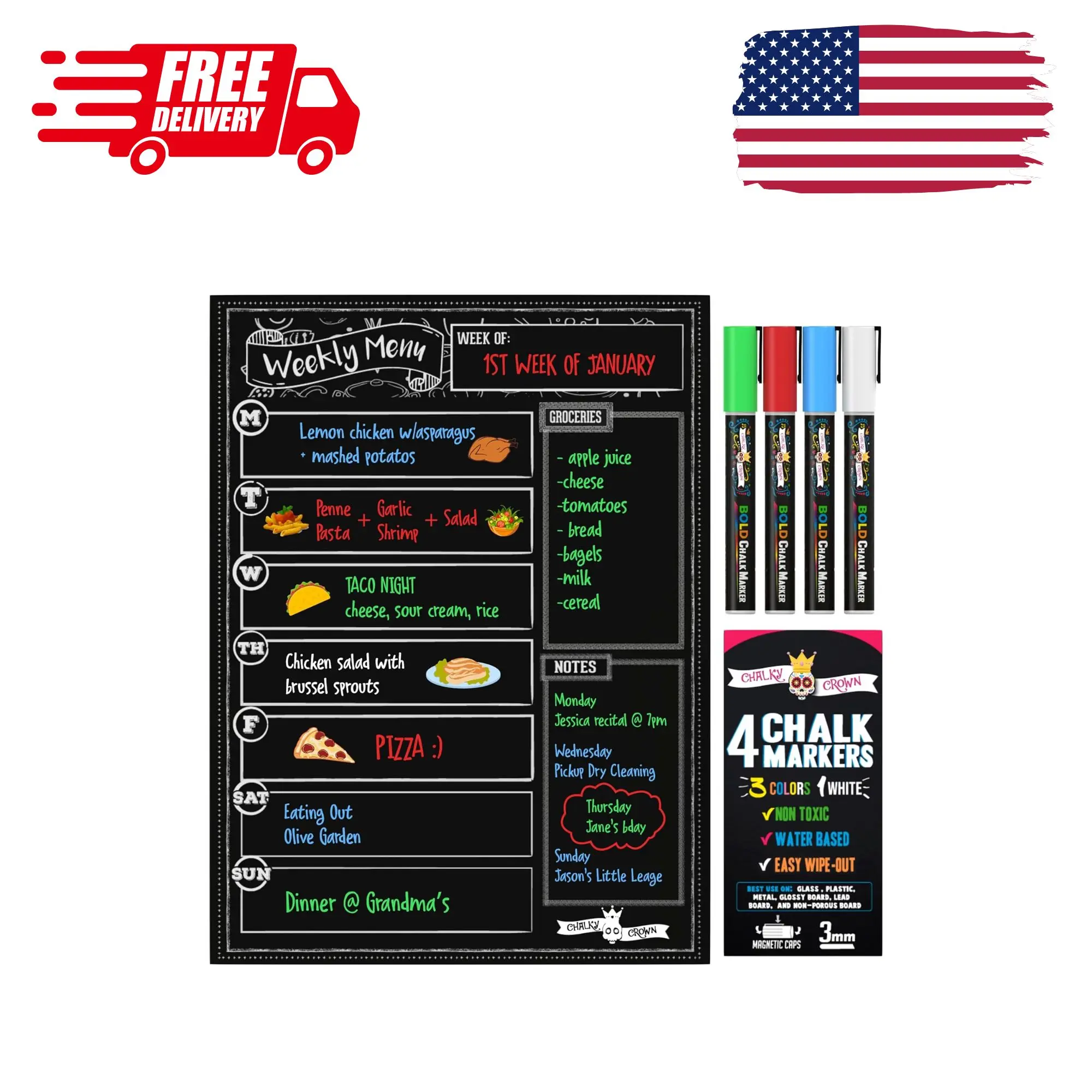 Magnetic Dry Erase Menu Board for Fridge Includes 4 Liquid Chalk Markers