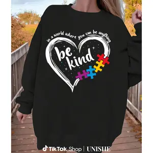 Autism Awareness Sweatshirt for Women – Blue 100% Cotton, Long Sleeve Be Kind Print