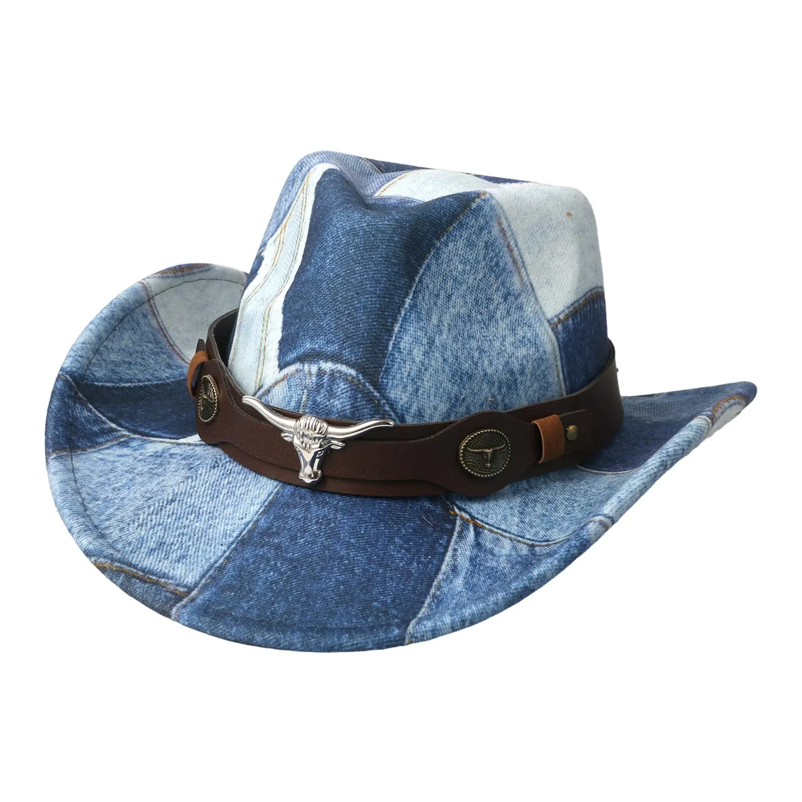 OIDEA Cowboy Hat, Unisex Vintage Western Style Denim Blend Hat with Patchwork, Wide Brim, and Bull Accent, Vintage Western Hats