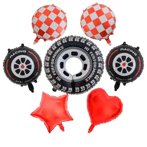 Race Car Balloons Large Wheel Balloon Red and White Checkered Balloons for Racing Hot WheelsTheme Birthday Party Decorations