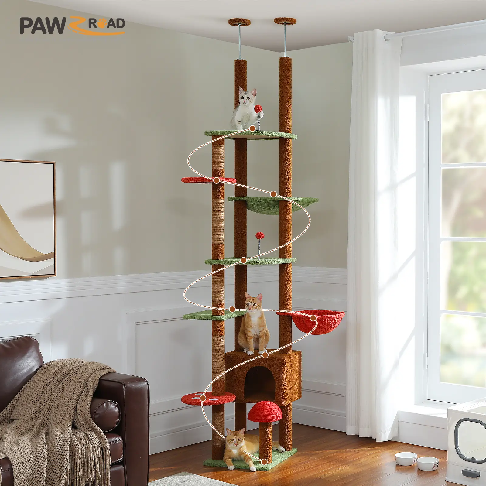 PAWZ Road Cactus Cat Tree Floor to Ceiling Cat Tower Adjustable Height (90.5~100.4 inches = 230cm~252cm) with Cat Condo, Cozy Hammock and Scratching P