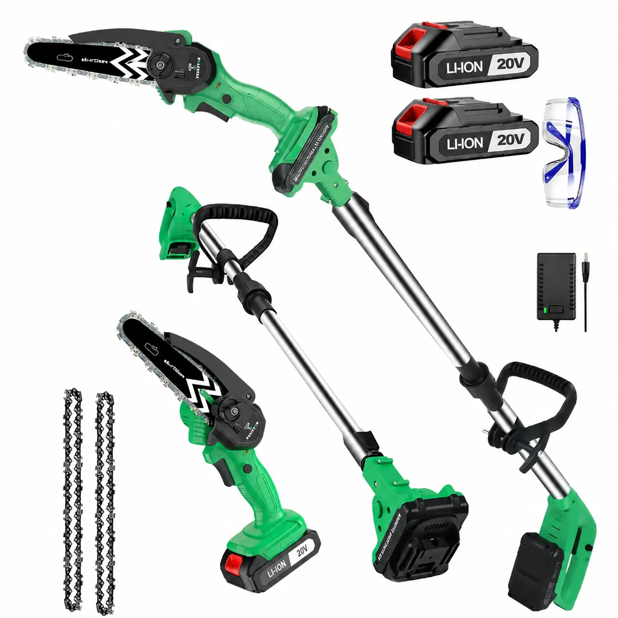 20V 2-in-1 Cordless Pole Saw & Mini Chainsaw Kit - Telescoping Extension Pole, Charger, Replacement Chains Included - Battery-Powered Garden Tool for Branch Pruning, Outdoor Maintenance