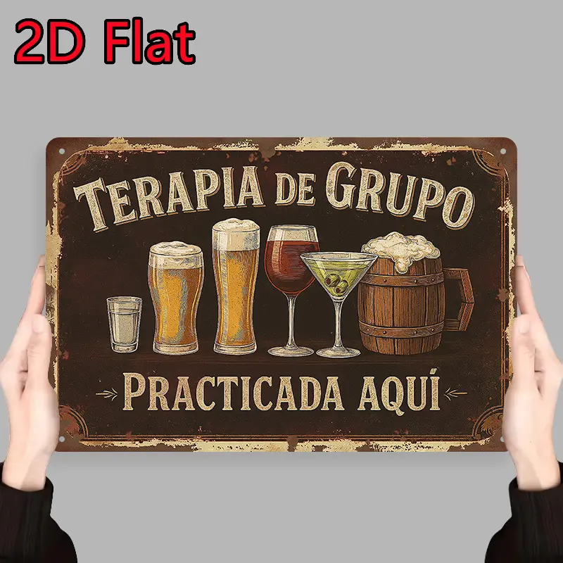 Vintage Tin-Aluminium Wall Art Plaque, 11.8x7.8in Rustic Home Decor with Spanish Quote "Terapia De Grupo Practicada Aquí" & Beer Cocktail Illustrations, Ideal Gift for Man Cave, Bar