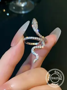 925 Sterling Silver Women's Elegant Rhinestone Decorated Snake Design Cuff Ring, Exquisite Trendy Cuff Ring, Fashionable Jewelry Accessories for Women & Girls, Elegant Everyday Ring