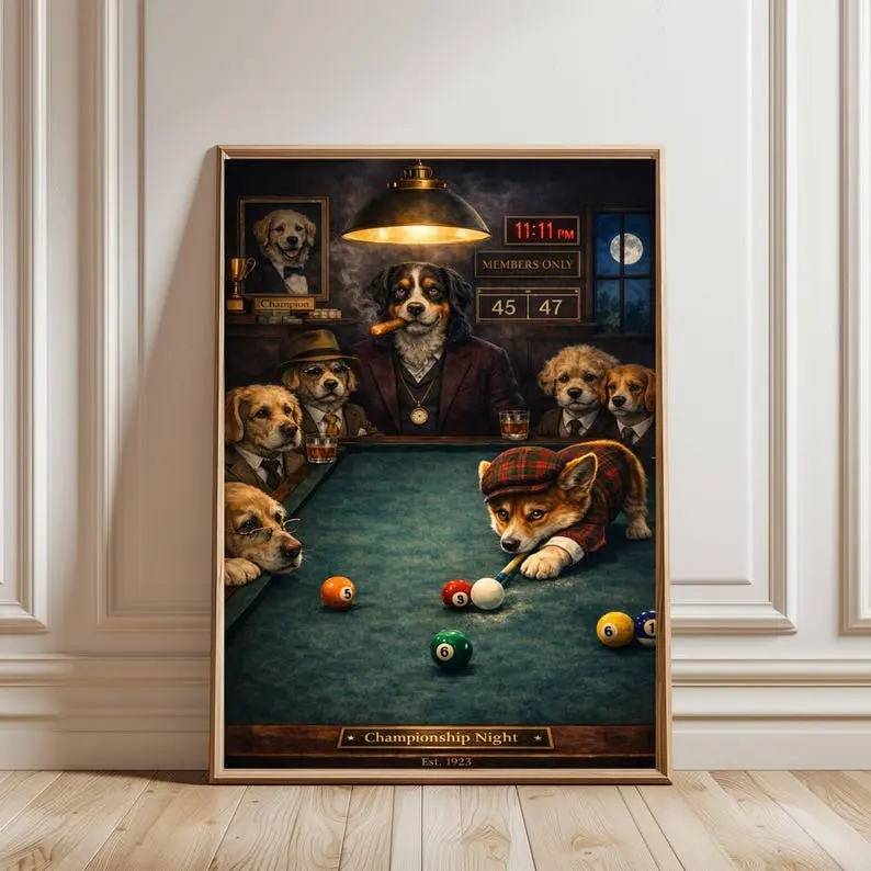 Trend Pool Theme Unframed Paper Wall Art Print - Tube, Funny Dogs Playing Billiards Wall Decoration, Multi-Size Man Cave Gift (11x17, 12x18, 16x24, 24x24, 27x40), Country Rustic