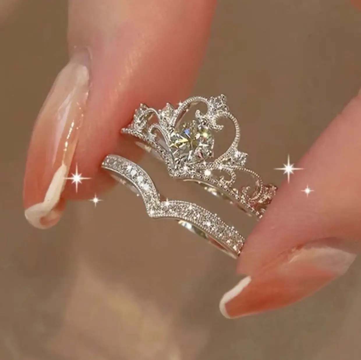 Fairy Crown Ring Set, Sparkling Crystal Adjustable Bands, Elegant Korean Style Jewelry for Party & Anniversary