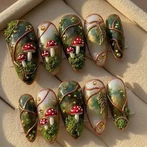 Handmade Magic Mushroom Press On Nails | 3D Moss Forest & Toadstool Fairy Art