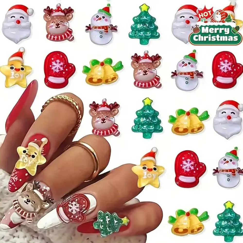 30/50Pcs Cartoon Christmas Nail Charms Mixed Resin Santa Claus Snowman Elk Xmas Tree Rhinestones Festival Nail Art Decoration