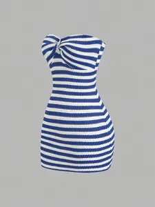 Women's Colorblock Striped Backless Knit Crop Top Mini Dress, Elegant Summer Fashion, All-Season Wear, Slim-Fitting Design