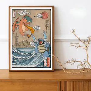 Charizard and Blastoise Anime Poster – Pikachu Print, Anime Wall Art, Unique Gift for Anime Fans, Charizard and Blastoise Decor