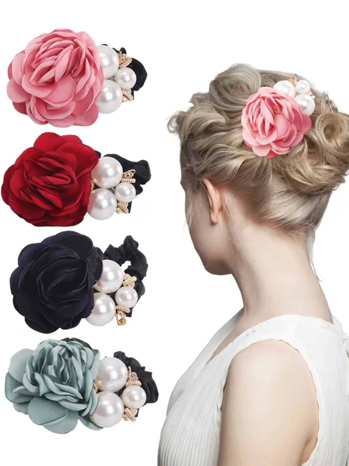 4pcs Korean Fashion Pearl Hair Rope, Rose Flower Rhinestone Hair Ties, Jewelry Rubber Band Scrunchie, Stylish Hair Accessories, Scrunchies, Scrunchies For Hair