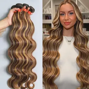 Rovess 4/27Highlight Body Wave Bundles 100% Unprocessed 28Inch Brazilian Human Hair Extensions Natural Look