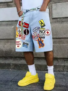 Men's Loose Fit Denim Shorts, Graphic Road Sign Print, High-Quality Cotton, Breathable Wide Leg, Casual, Streetwear Bottom, Summer Street Style, Retro American Fashion
