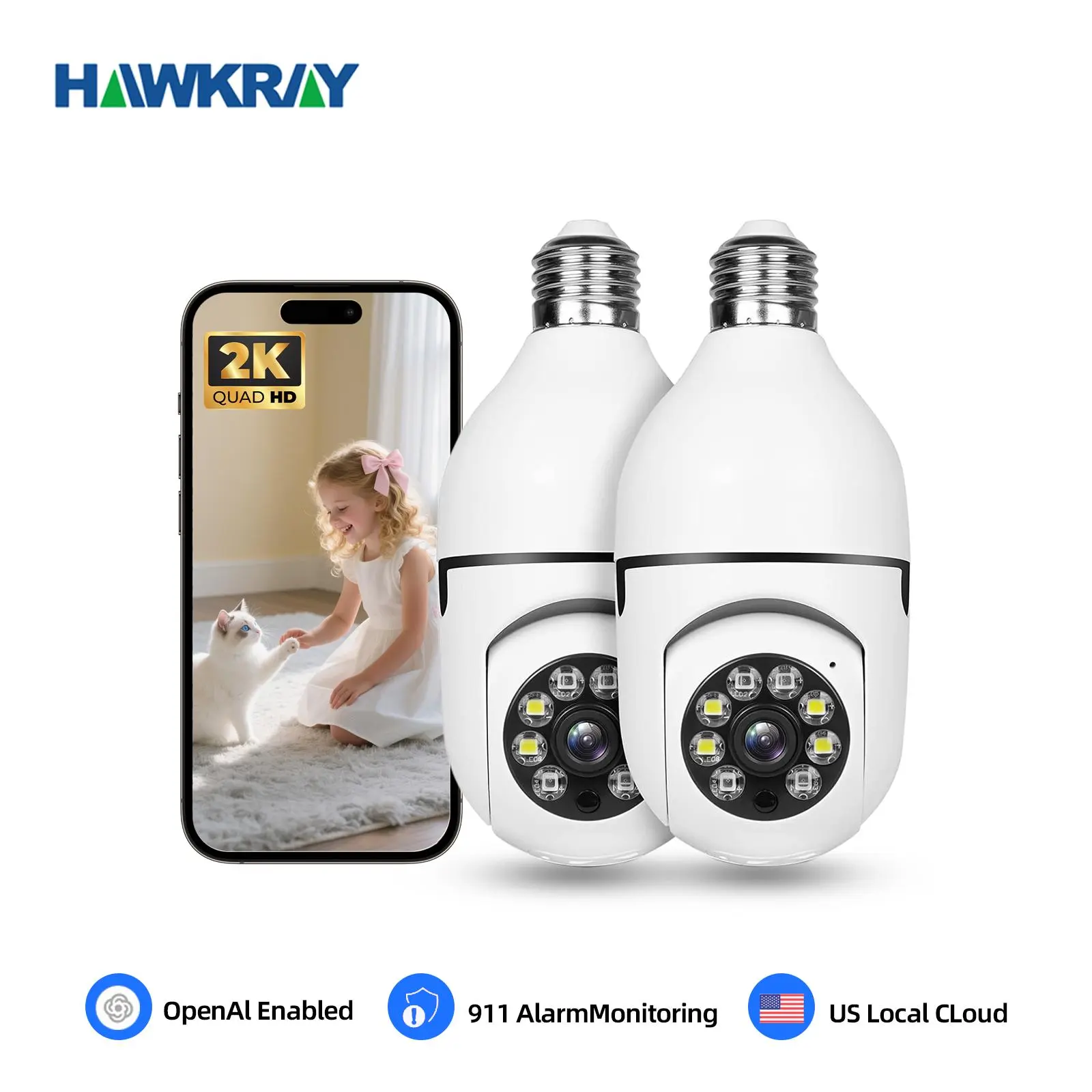 Hawkray 4MP Smart AI Light Bulb Camera with Motion Alert, Two-Way Audio, Full Color Night Vision, Dual-WiFi & Safety Socket