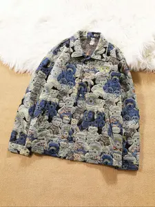 Men's All Over Bear Print Button Jacket, Casual Style Outerwear, Casual Loose Long Sleeve Collared Outerwear for Spring & Fall, Fashion Men's Clothes for Daily Wear