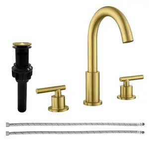 Brushed Gold Bathroom Faucet 3 Hole, 2 Handle 8 Inch Widespread Brushed Gold Bathroom Sink Vanity Faucet 360° Swivel Spout, with Pop Up Drain and Supply Line