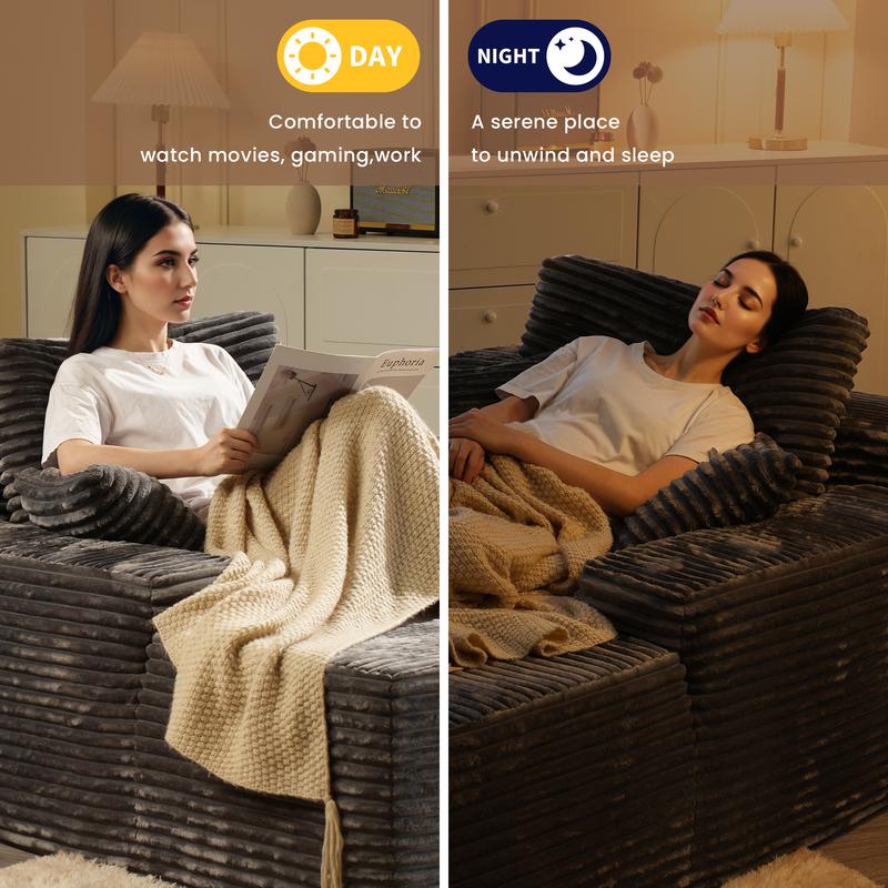 CAODOC Boneless Chaise Lounge Upholstered Sofa Bed with Throw Pillows, 48.42" Deep, Soft Corduroy, No Assembly Required, Indoor Sleeper Chair