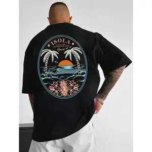 Unisex Men's Plus Size Landscape, Letter & Tropical Print Tee, Loose Casual Comfy Drop Shoulder Round Neck T-Shirt, Fashion Men's Clothes for Daily Wear