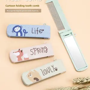 Portable Mini Student Mirror Comb Set, Cartoon Foldable Dual-Use Hairbrush, Iron Teeth Rotating Comb, Travel Friendly Accessories
