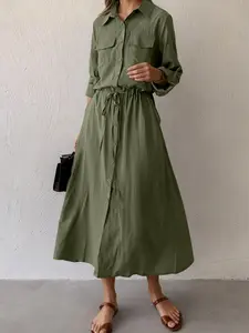 Women's Solid Color Dress, Long Sleeve Shirt Dress, Mid-Length Design, Casual Loose Fit, Half Sleeve, All Seasons, Woven Fabric