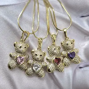 Delicate Chains with Teddy Bear Pendants 17 Inch Laminated High-Quality Jewelry Set