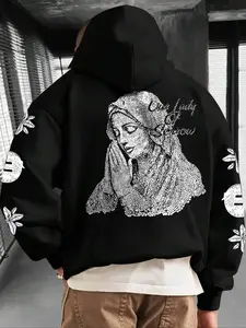 Men's Fall Winter Casual Hoodie, Soft Fleece Fabric, Loose Fit, Drawstring Pocket Design, Virgin Mary Prayer Print, Street Style
