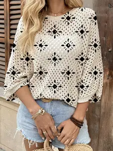 Spring Summer Women's Hollow Out Batwing Sleeve Knit Top, Colorblock Geometric Print, Casual Elegance Commuter Wear, Boho Beach Cover-Up, Knitwear