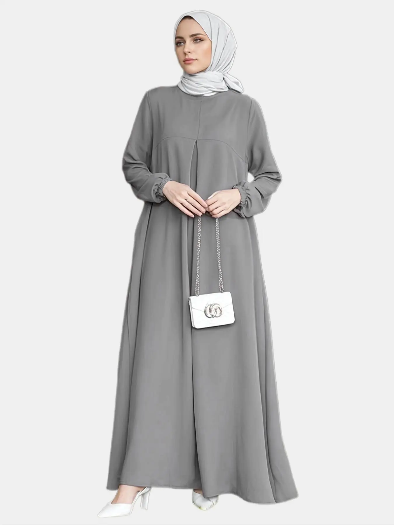 Women's Plain Plicated Zipper Bishop Sleeve Dress without Hijab, Modest Style Dress Long Sleeve Round Neck Maxi Dress for Daily Wear, Ladies Clothes for All Seasons