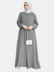 Women's Plain Plicated Zipper Bishop Sleeve without Hijab, Modest Muslim Dress Long Sleeve Round Neck Maxi Dress for Daily Wear, Ladies Clothes for All Seasons